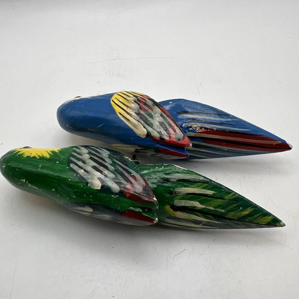 Vintage Hand Painted Carved Wood Parrot Clip On Ornaments Pair Philippines MCM
